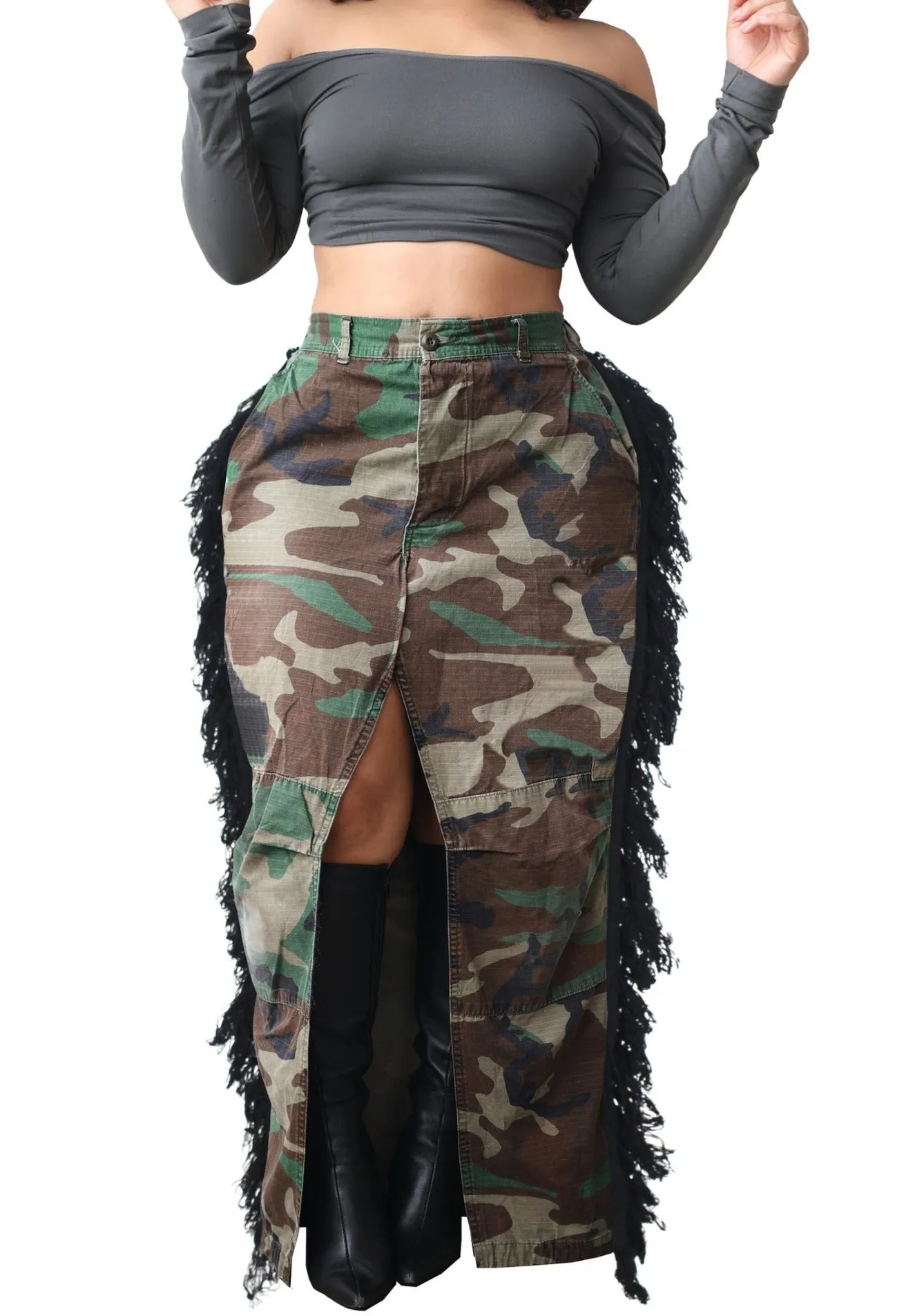 MB FASHION Camo Chic Fringe Maxi Skirt 0594LY