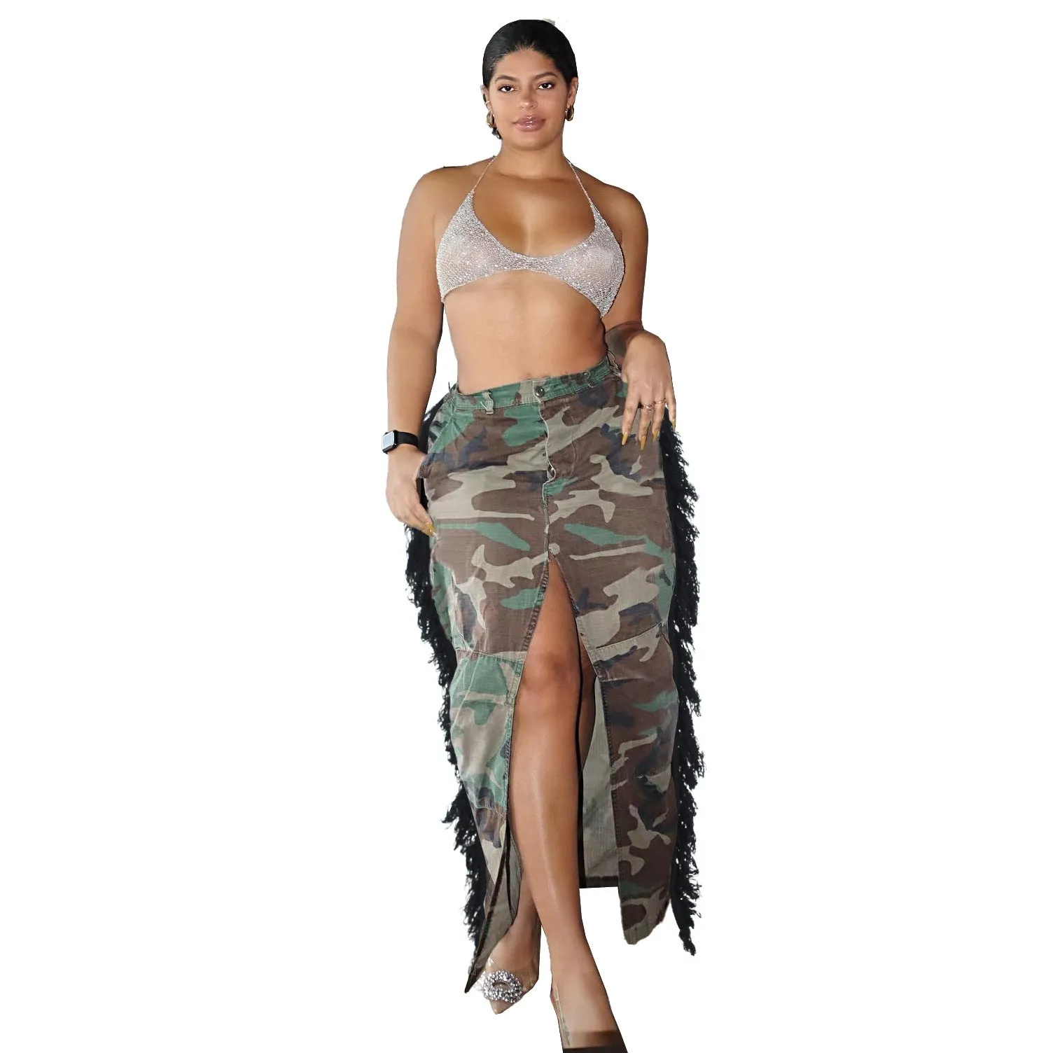 MB FASHION Camo Chic Fringe Maxi Skirt 0594LY