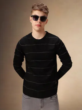 Men's Black Striped Crew Neck Full Sleeves Sweater