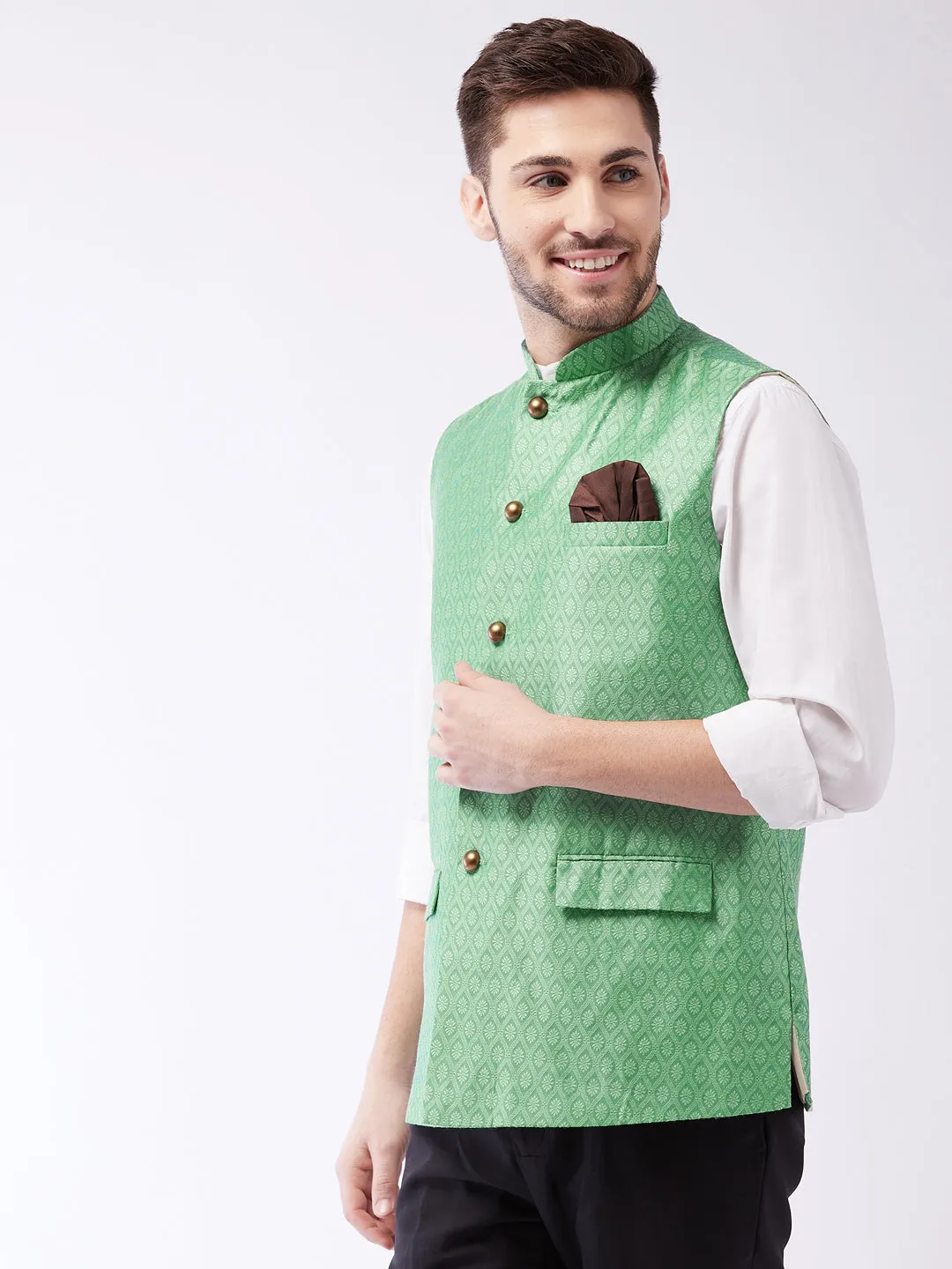 Men's Green Silk Blend Nehru Jackets - Vastramay