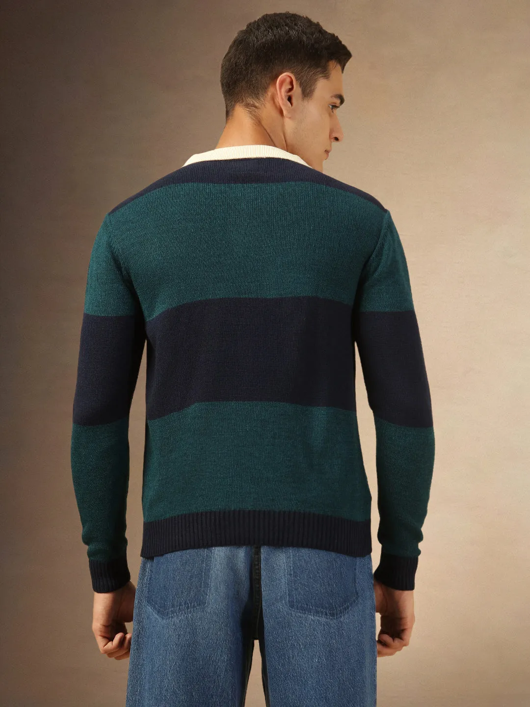 Men's Teal Striped Polo collar Full Sleeves Pullover Sweater