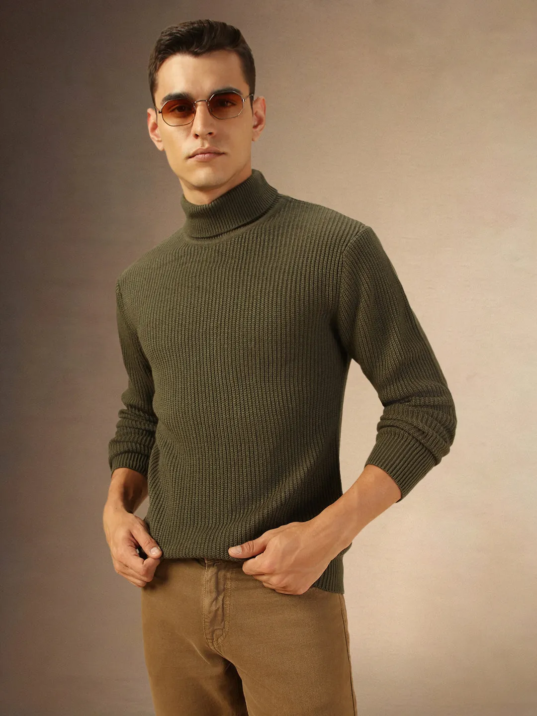 Mne's Olive Turtle Neck Full Sleeves Sweater