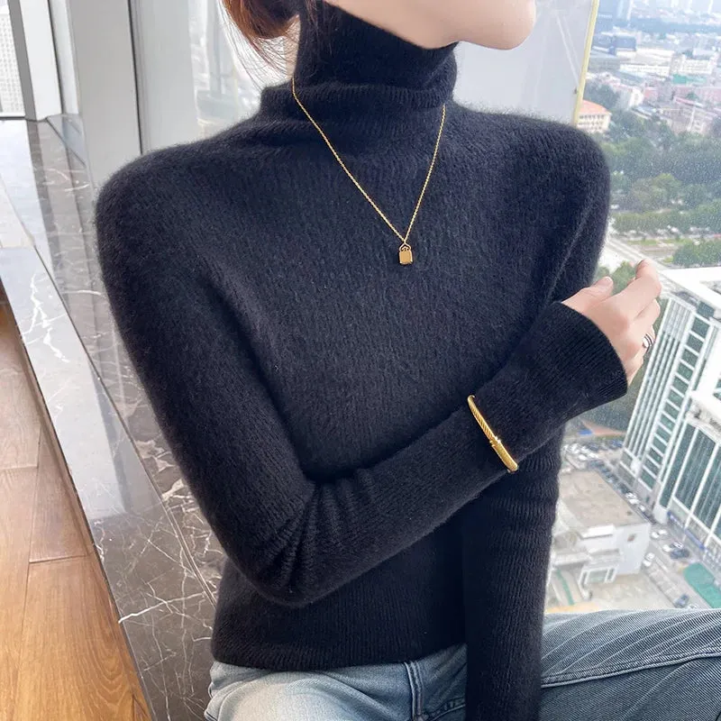 New Cashmere Autumn Winter Women's High Neck Solid Color Thick Pullover Soft Slim Sweater