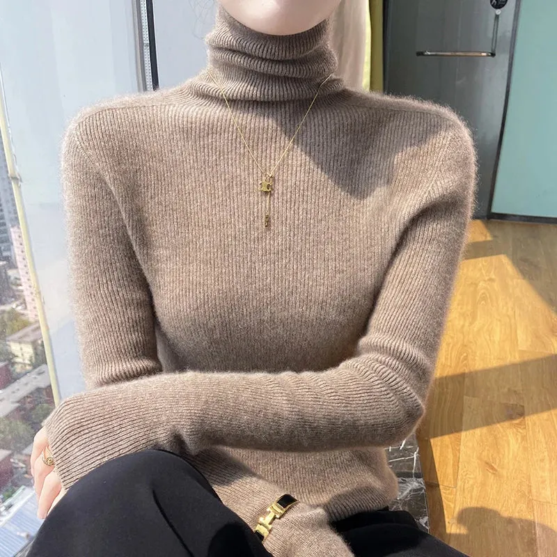 New Cashmere Autumn Winter Women's High Neck Solid Color Thick Pullover Soft Slim Sweater