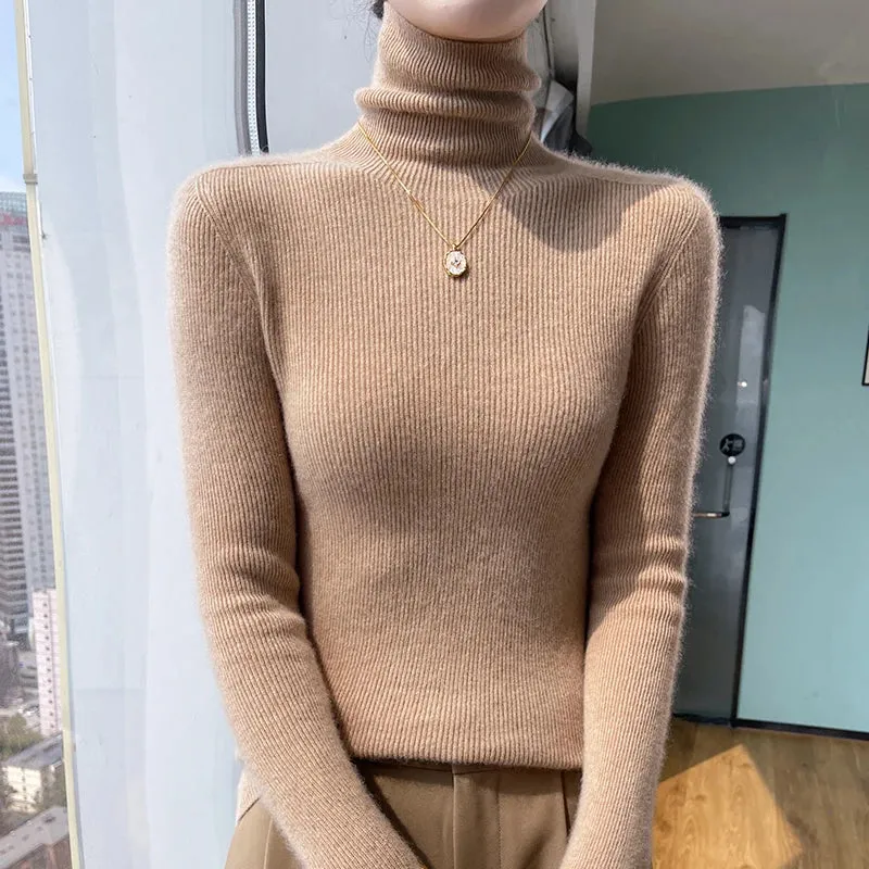 New Cashmere Autumn Winter Women's High Neck Solid Color Thick Pullover Soft Slim Sweater