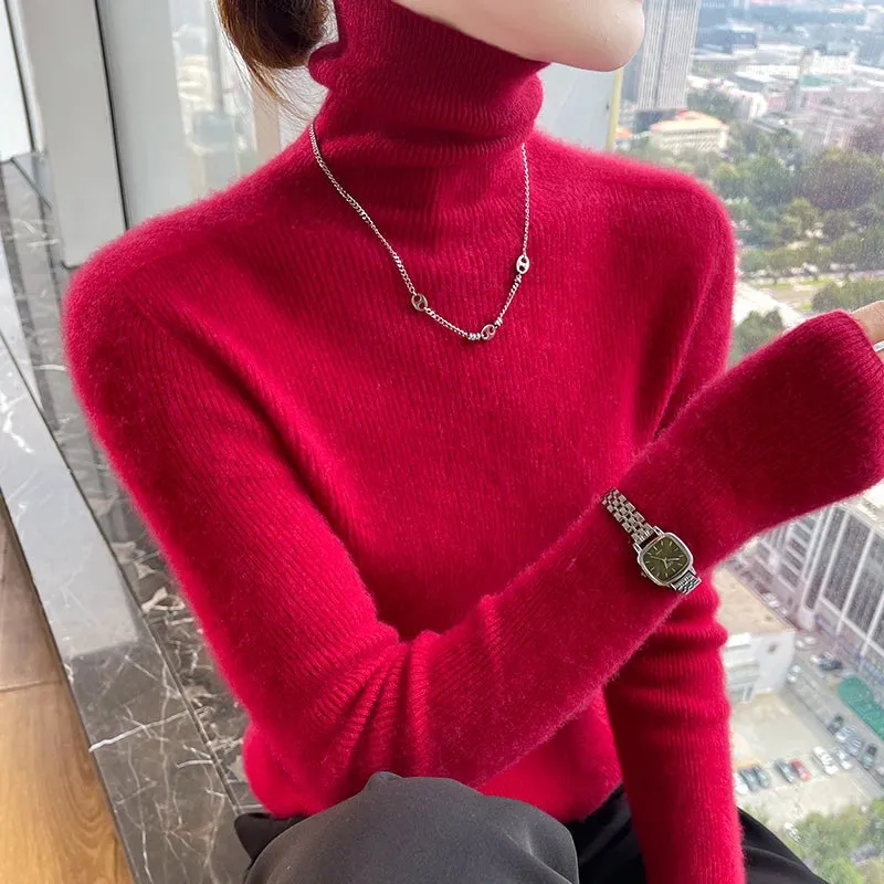 New Cashmere Autumn Winter Women's High Neck Solid Color Thick Pullover Soft Slim Sweater