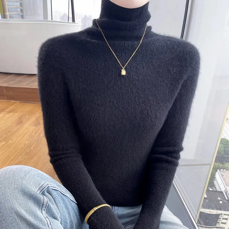 New Cashmere Autumn Winter Women's High Neck Solid Color Thick Pullover Soft Slim Sweater