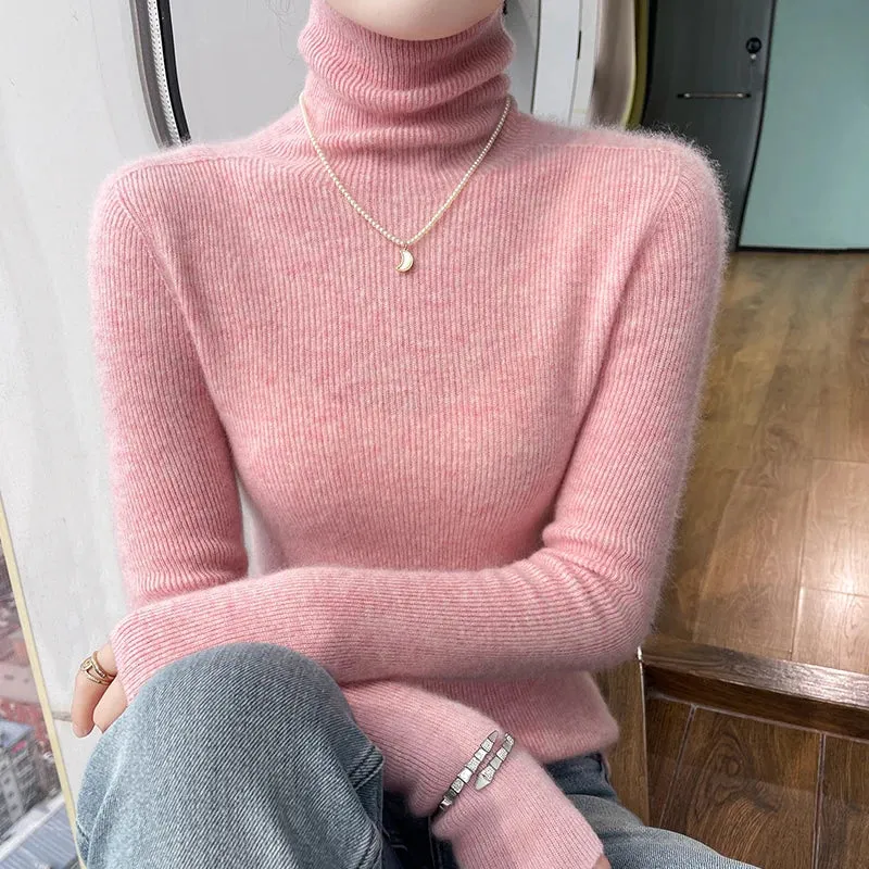 New Cashmere Autumn Winter Women's High Neck Solid Color Thick Pullover Soft Slim Sweater