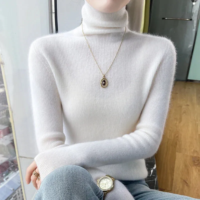 New Cashmere Autumn Winter Women's High Neck Solid Color Thick Pullover Soft Slim Sweater