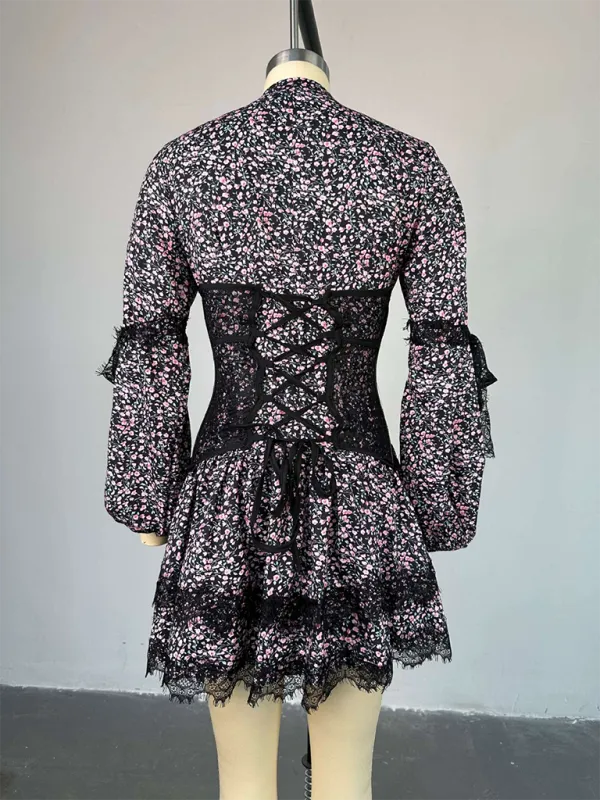 New Sweet Fresh Print Waist Long Sleeve Short Lace Dress