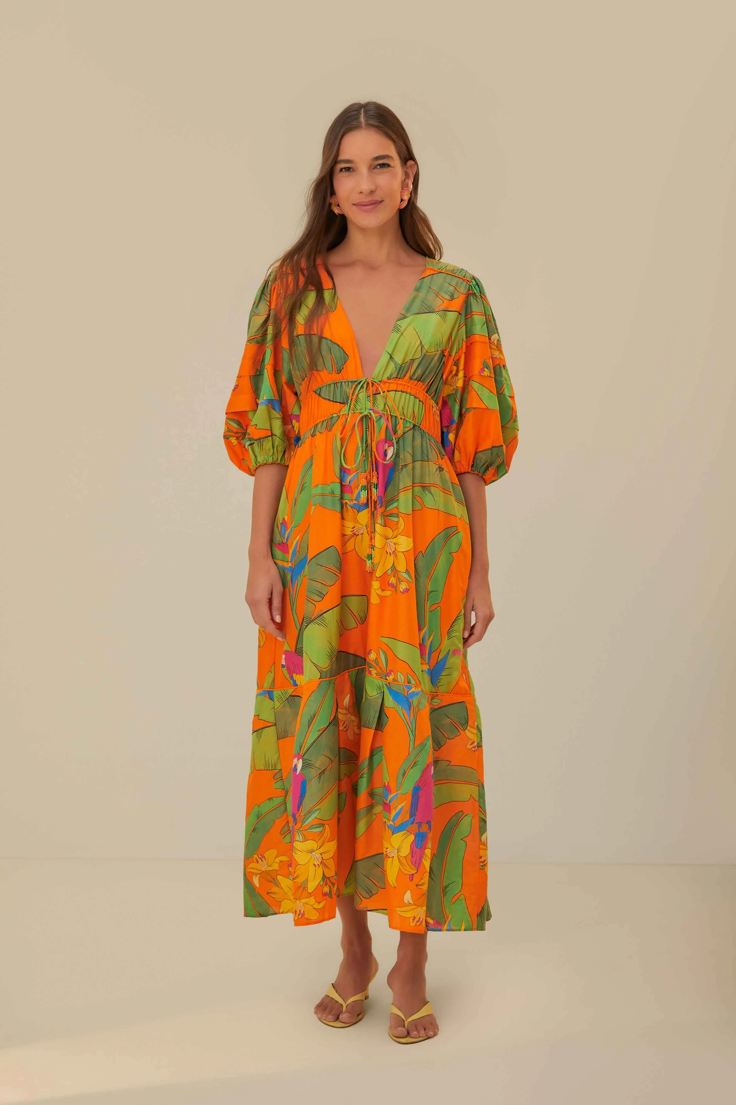 Orange Fresh Macaws Midi Dress