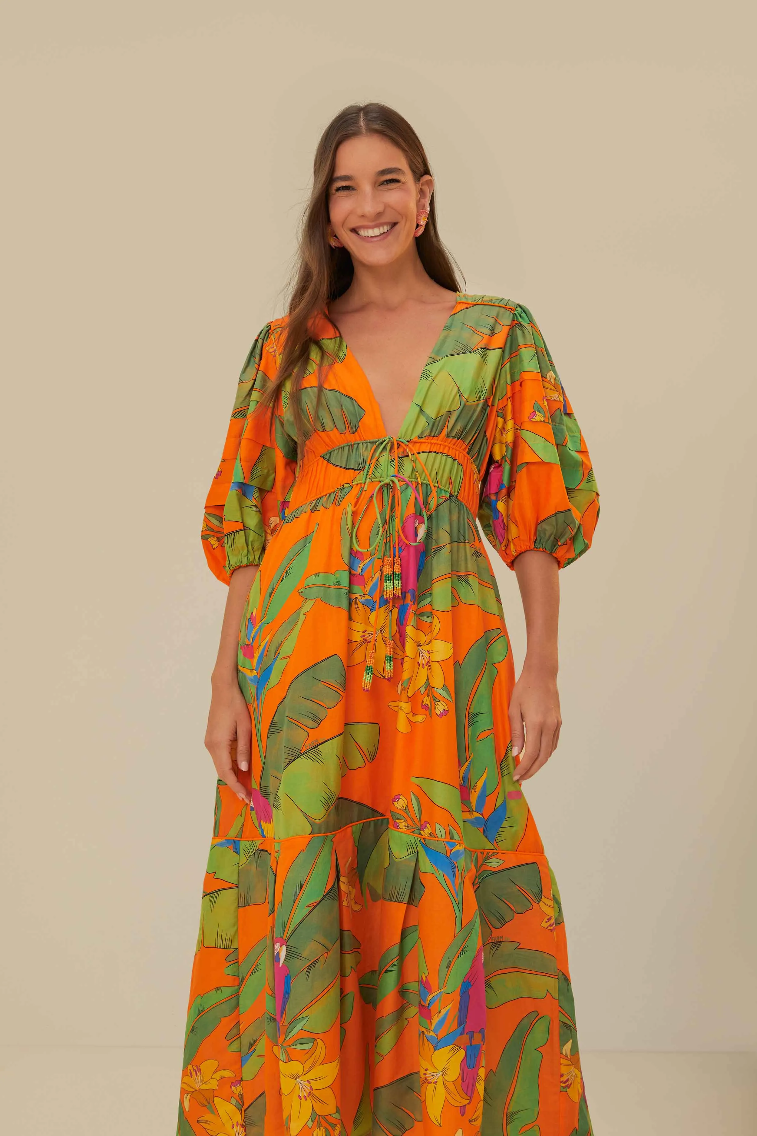 Orange Fresh Macaws Midi Dress