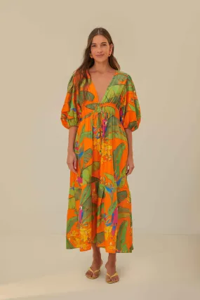 Orange Fresh Macaws Midi Dress