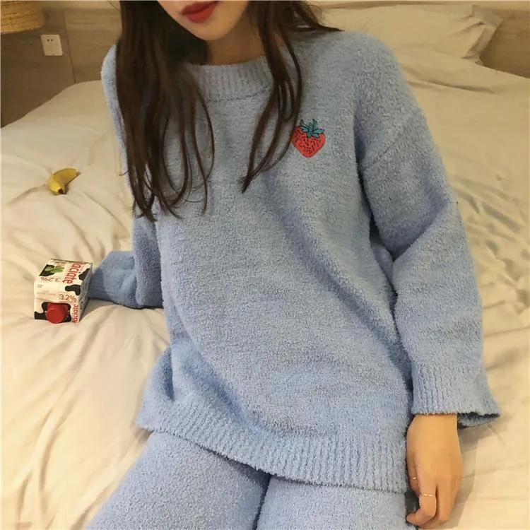 Plush Comfy Cute Embroideries Pajama Suit