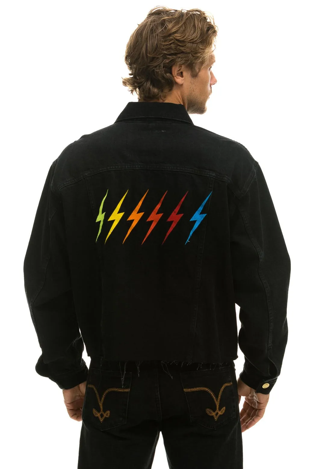 RAINBOW BOLT OVERSIZED CROP DENIM JACKET - VINTAGE BLACK