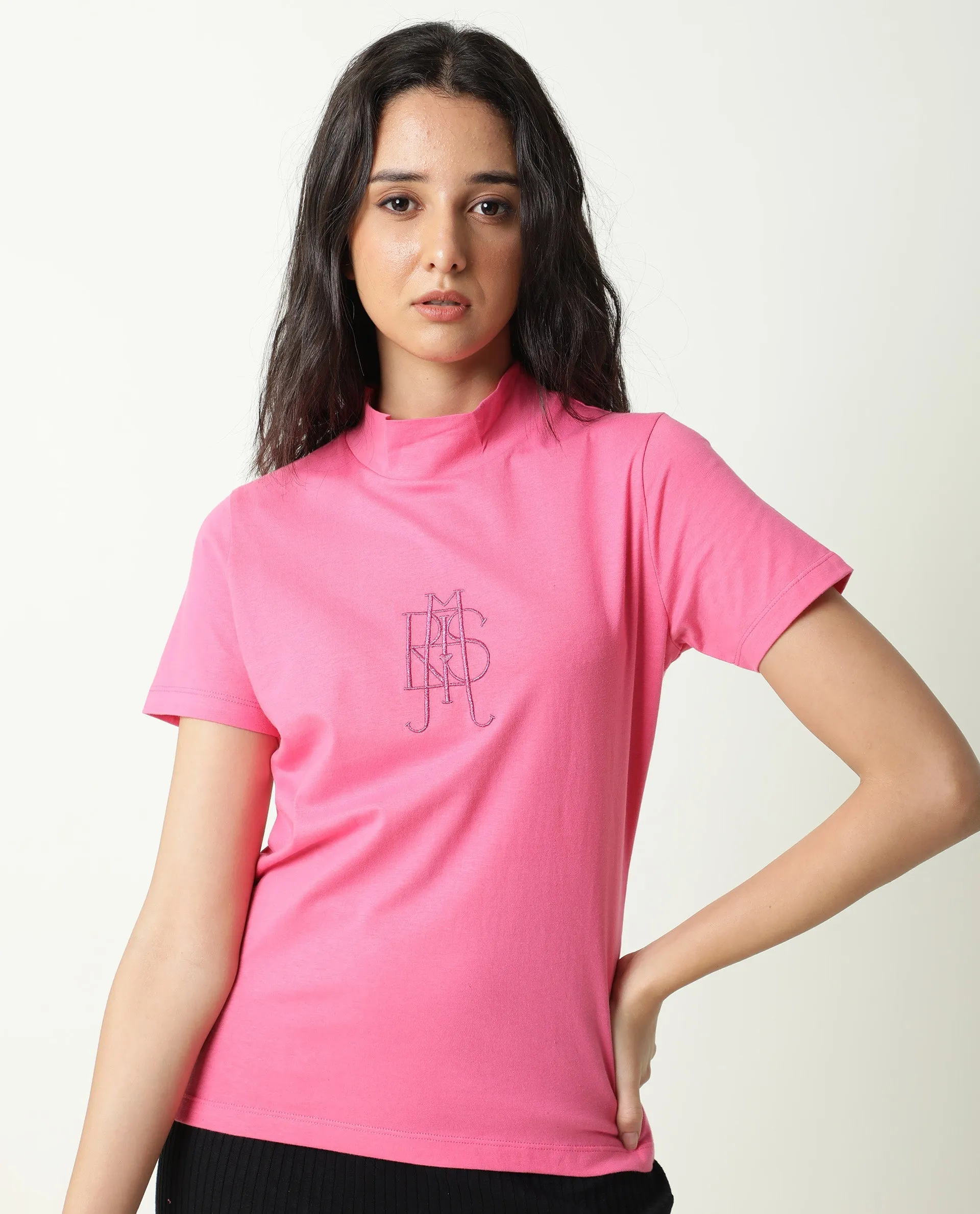 Rareism Women Zolten Pink Cotton Fabric Regular Fit Half Sleeves Solid Crew Neck T-Shirt