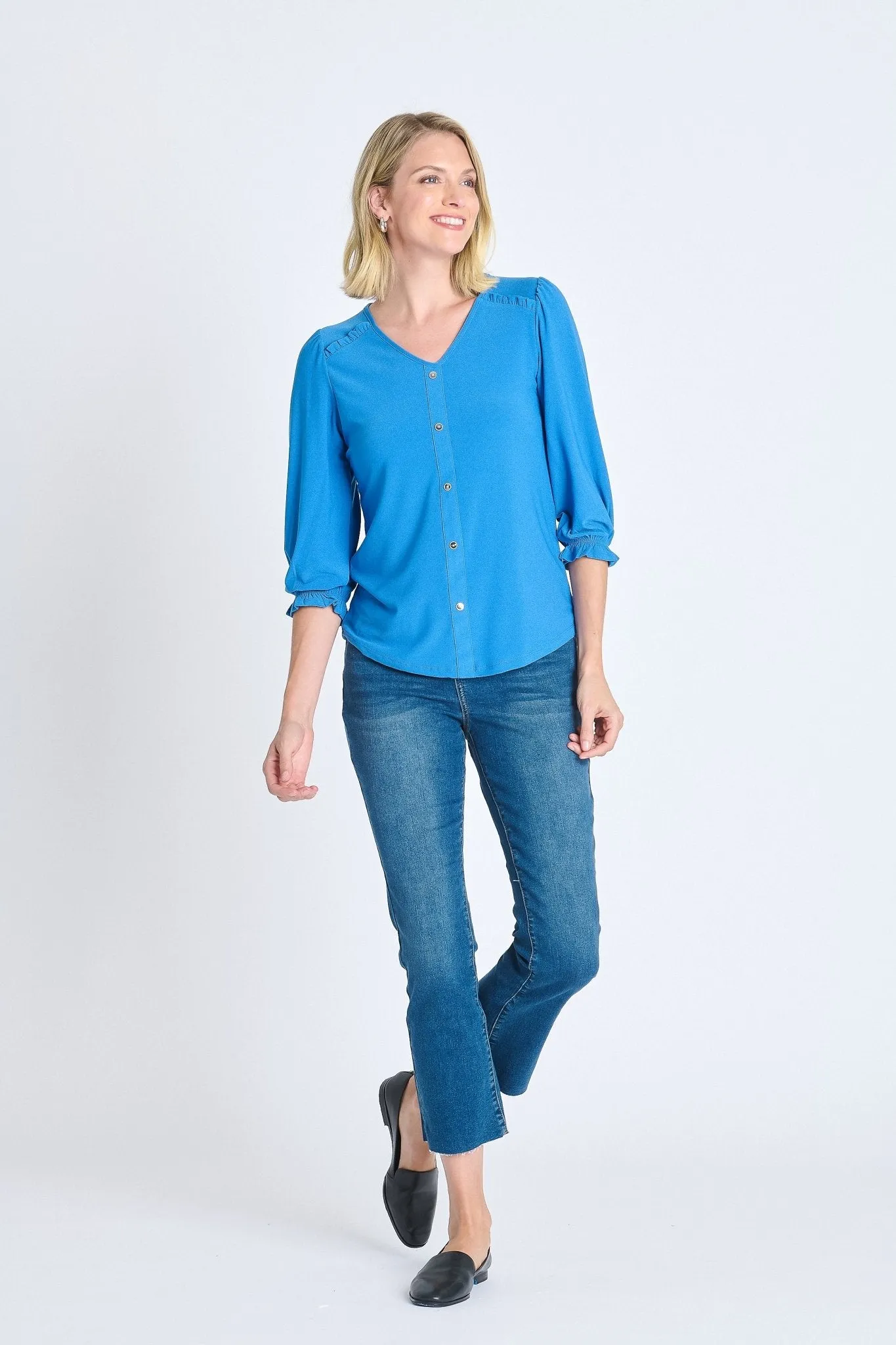 Ruffle 3/4 Sleeve Button Top, Star Sapphire