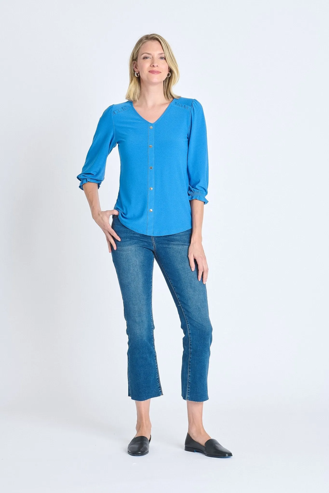 Ruffle 3/4 Sleeve Button Top, Star Sapphire