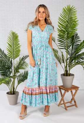 Smocked Waist Maxi Dress in a Turquoise Print