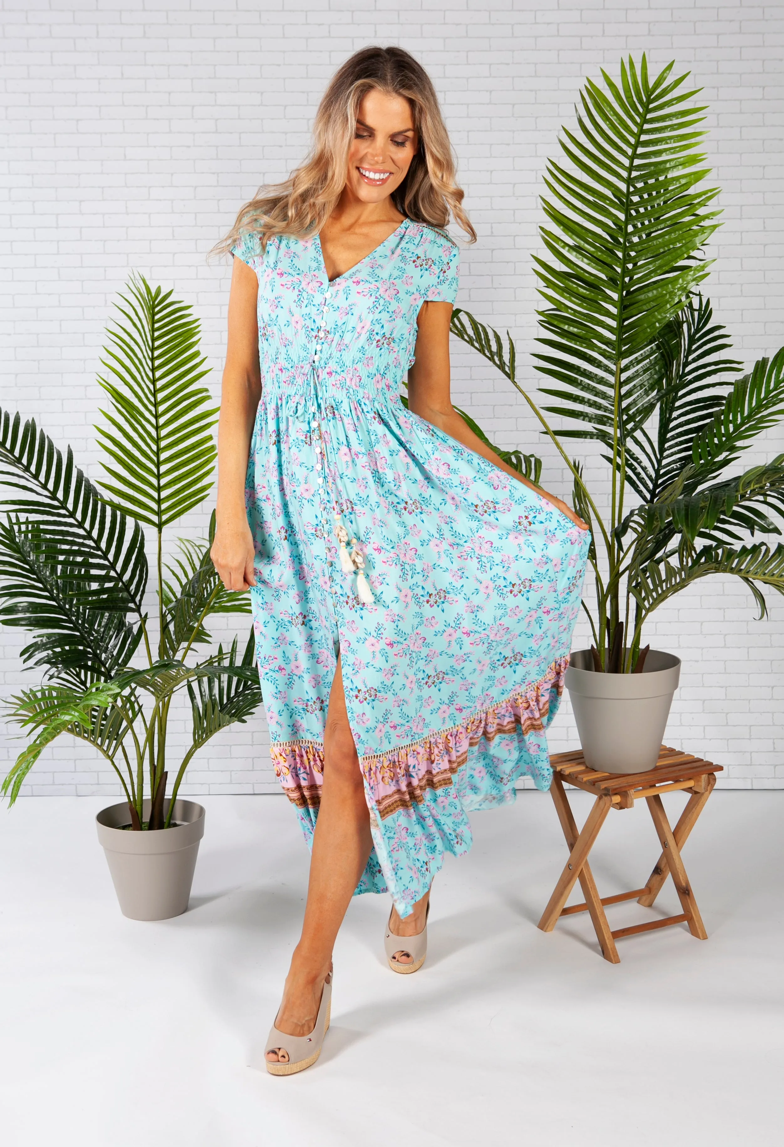 Smocked Waist Maxi Dress in a Turquoise Print