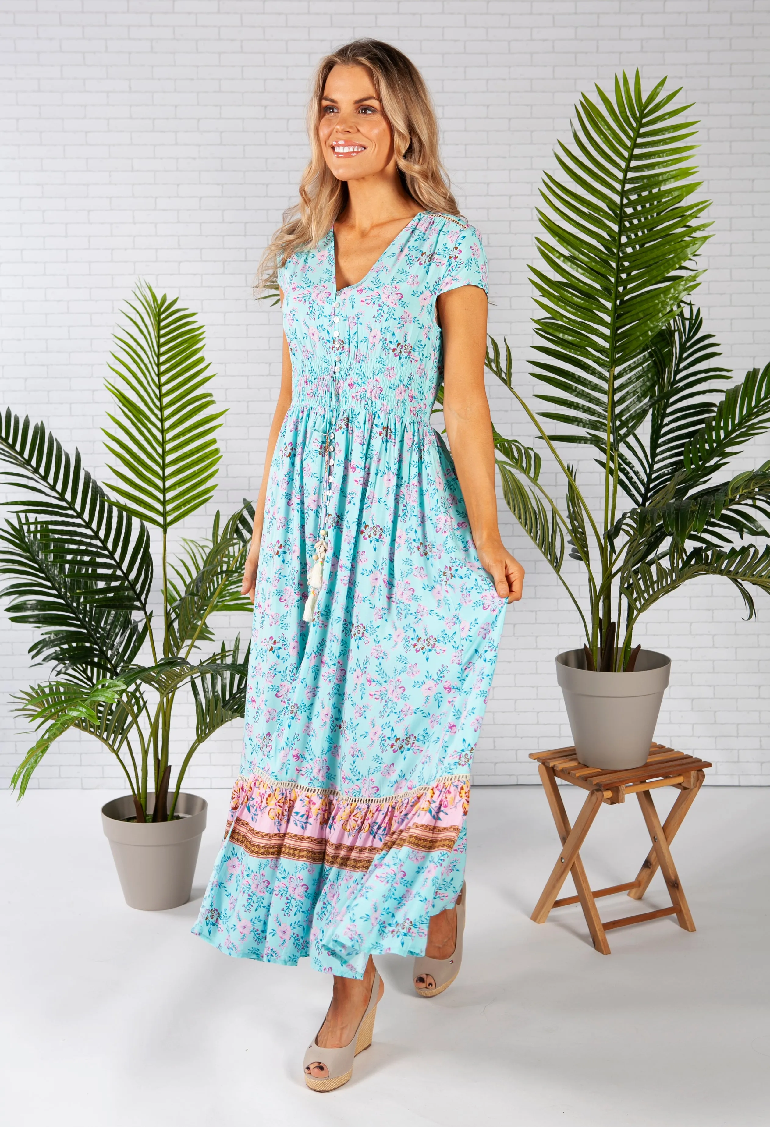 Smocked Waist Maxi Dress in a Turquoise Print