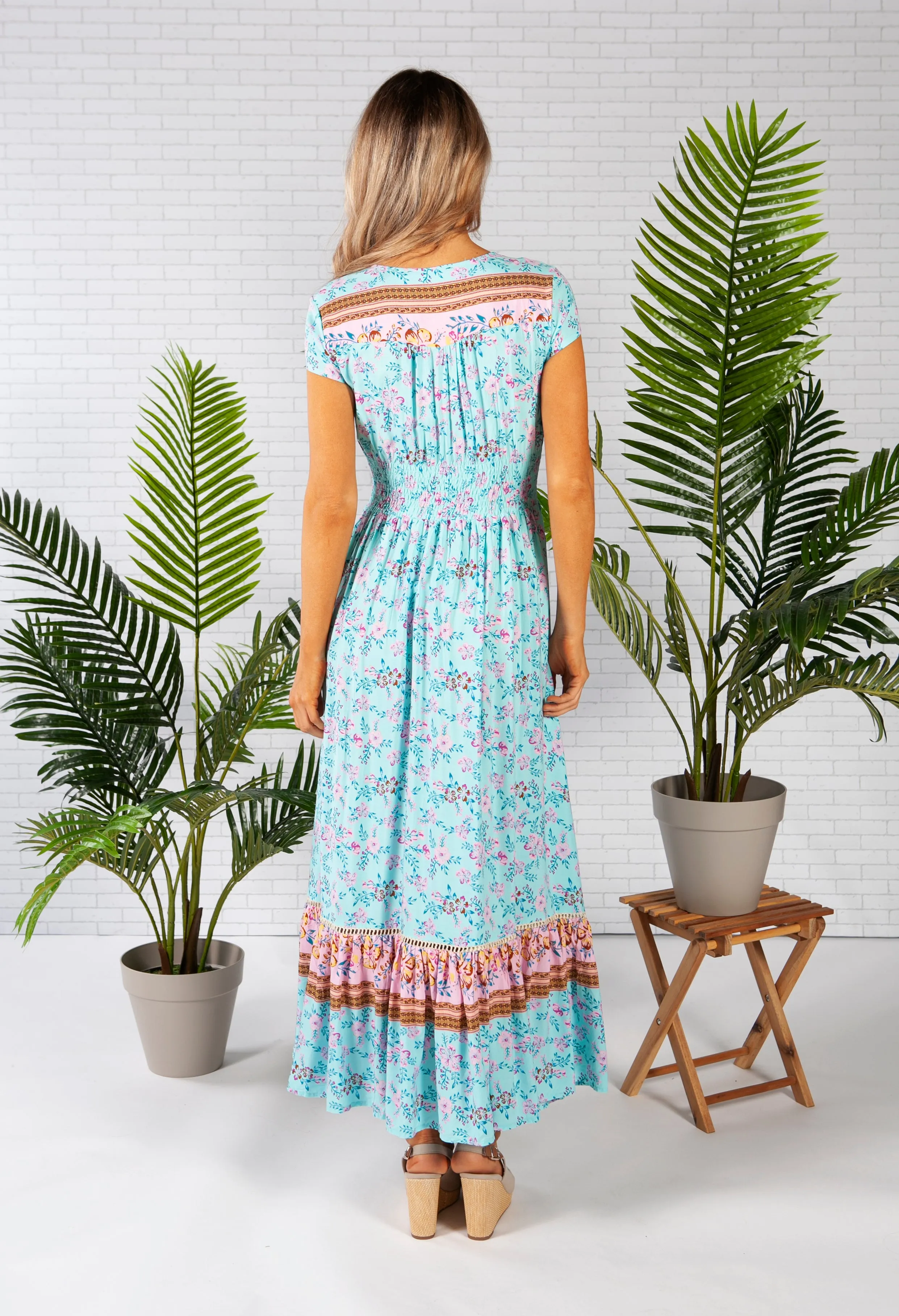 Smocked Waist Maxi Dress in a Turquoise Print