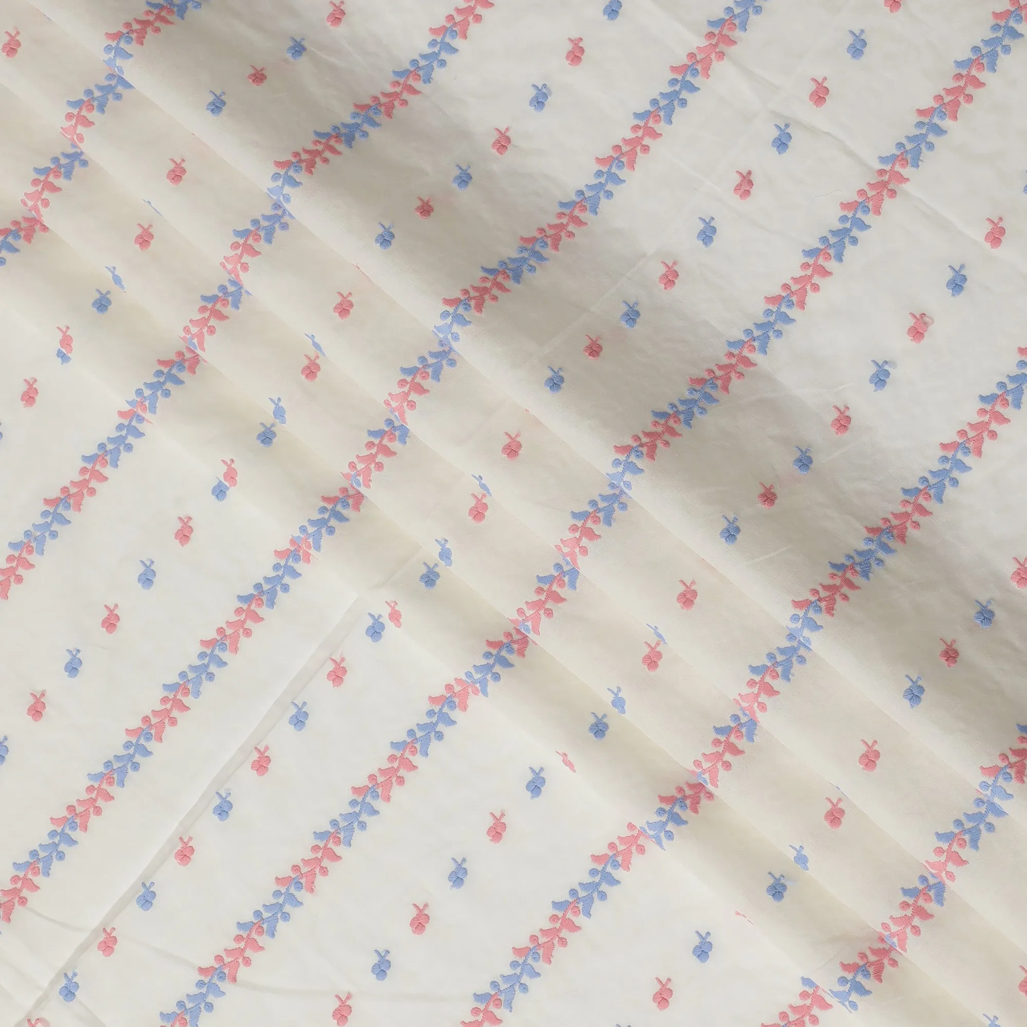 Soft White Cotton Voile Fabric with Pink and Blue Embroidery, 110 cm Width-D20123