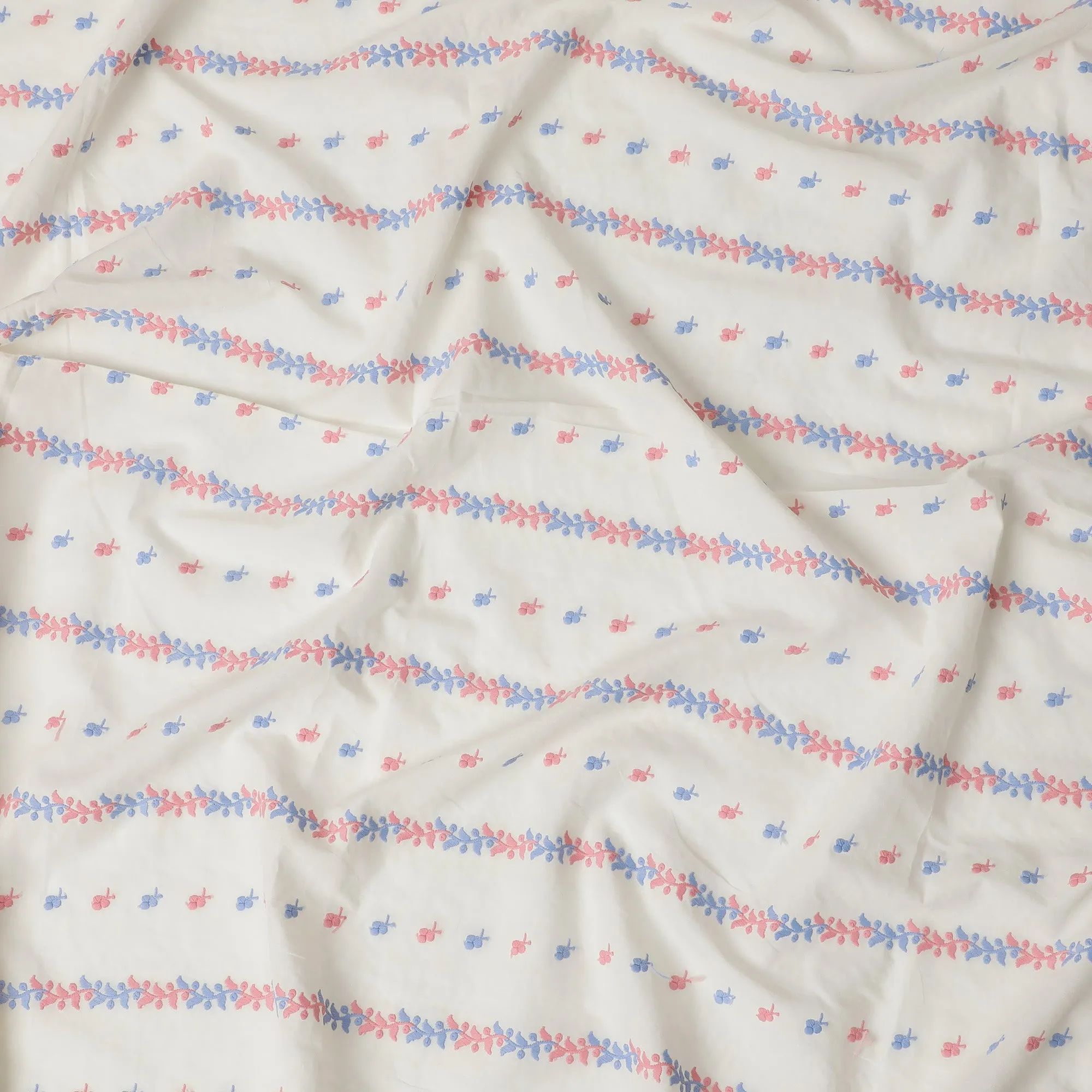 Soft White Cotton Voile Fabric with Pink and Blue Embroidery, 110 cm Width-D20123