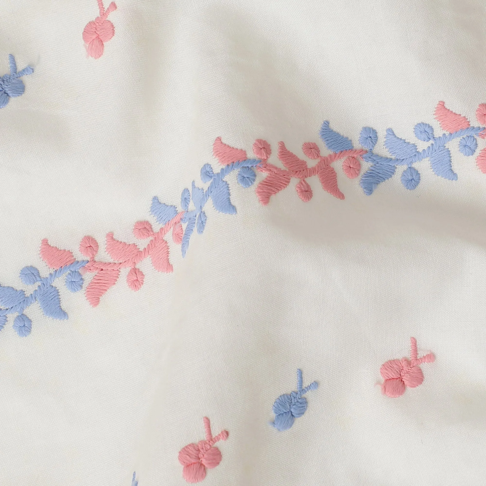 Soft White Cotton Voile Fabric with Pink and Blue Embroidery, 110 cm Width-D20123