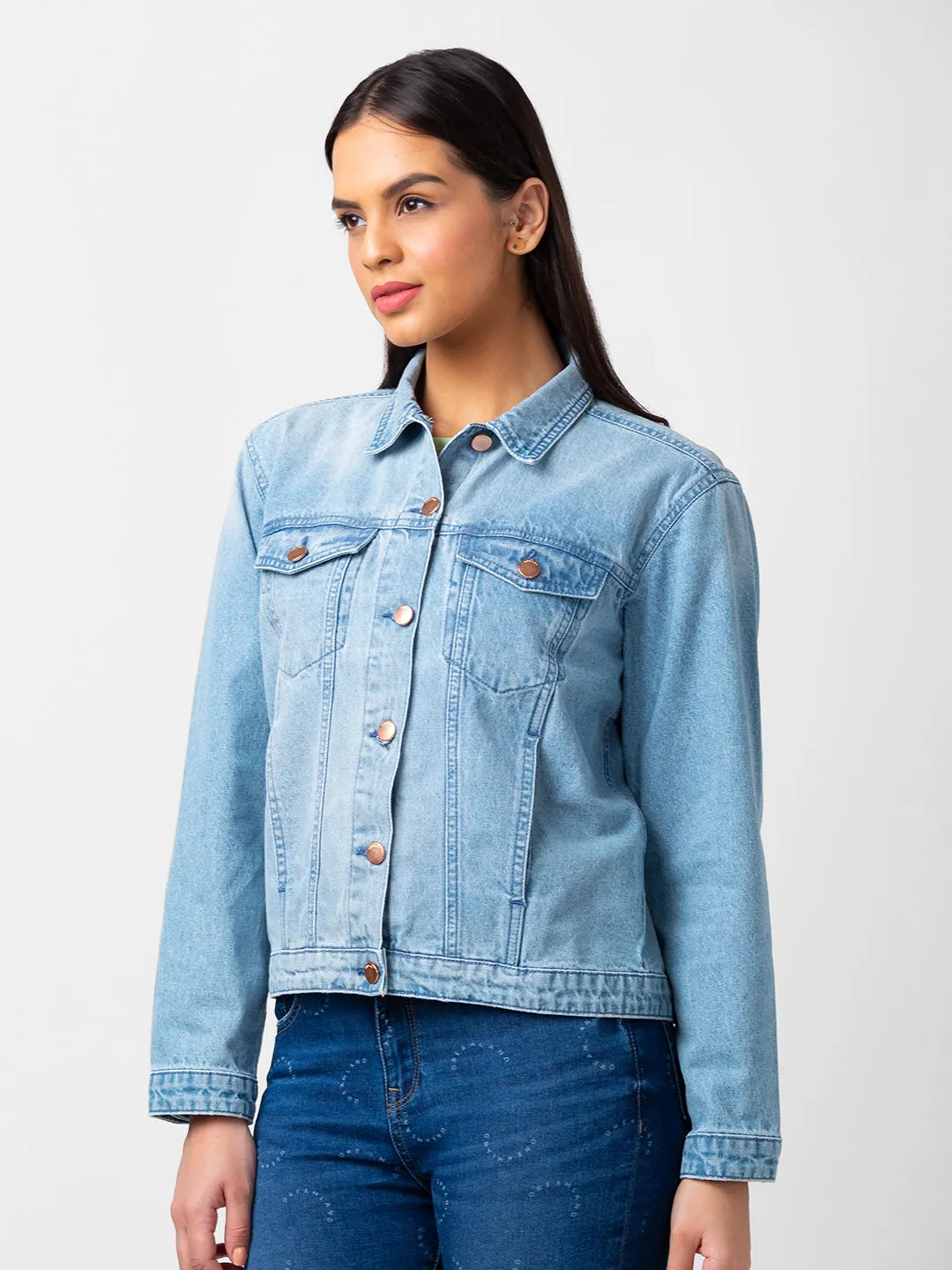 Spykar Women Light Blue Lycra Regular Fit Full Sleeve Denim Jacket