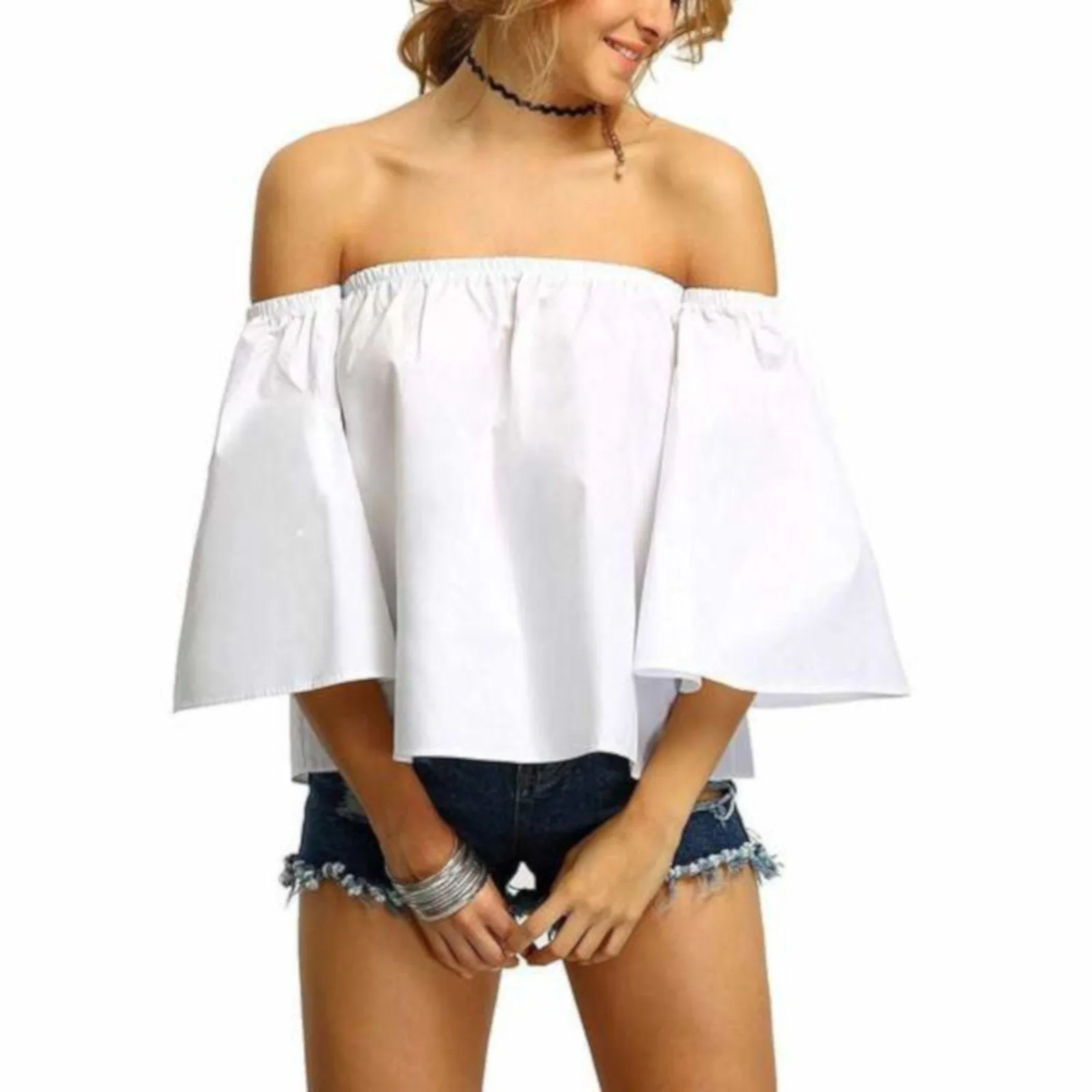 Trendy White Off The Shoulder Flowy Summer Crop Top W/ Ruffles