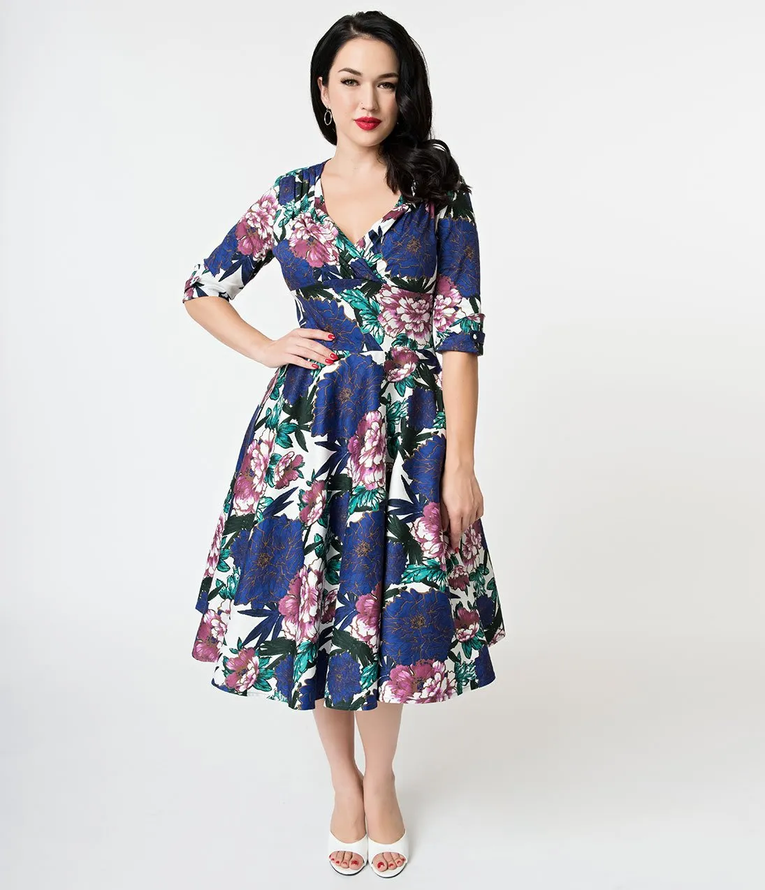 Unique Vintage 1950s White & Blooming Floral Print Delores Swing Dress with Sleeves