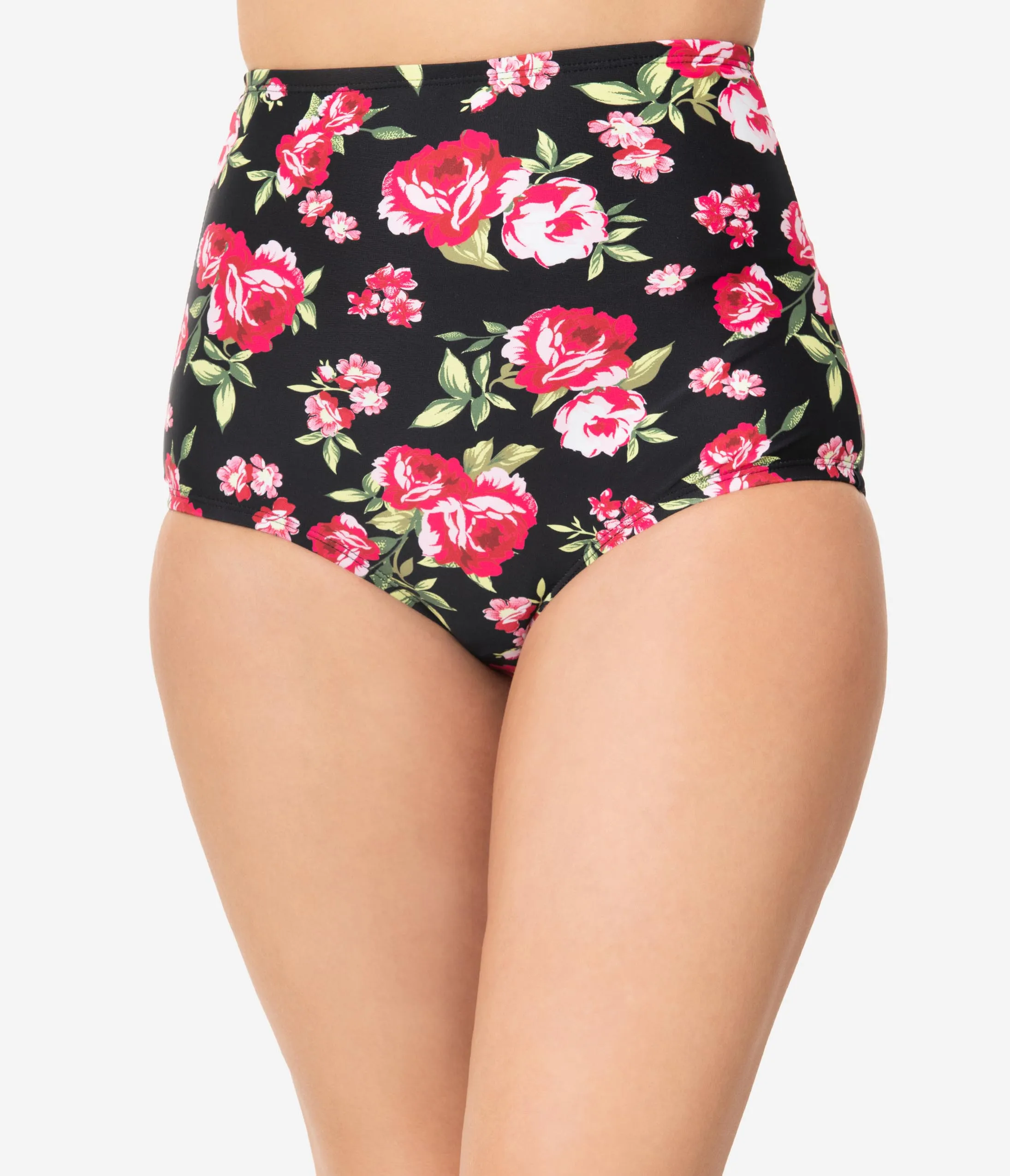 Unique Vintage Black & Pink Floral High Waist Louise Swim Bottoms