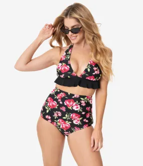 Unique Vintage Black & Pink Floral High Waist Louise Swim Bottoms