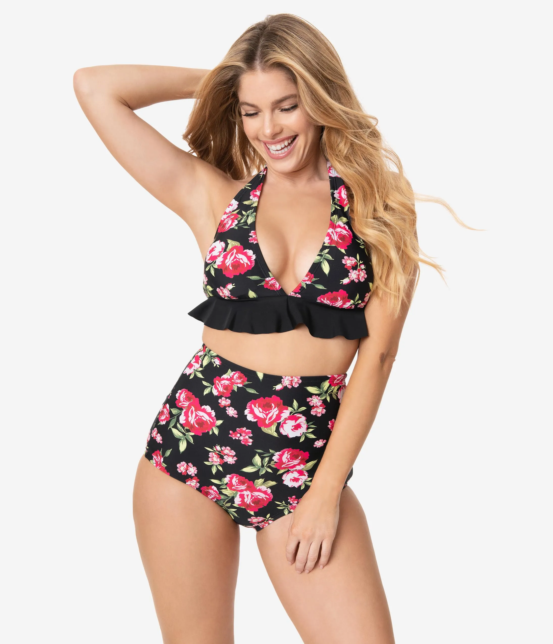 Unique Vintage Black & Pink Floral High Waist Louise Swim Bottoms