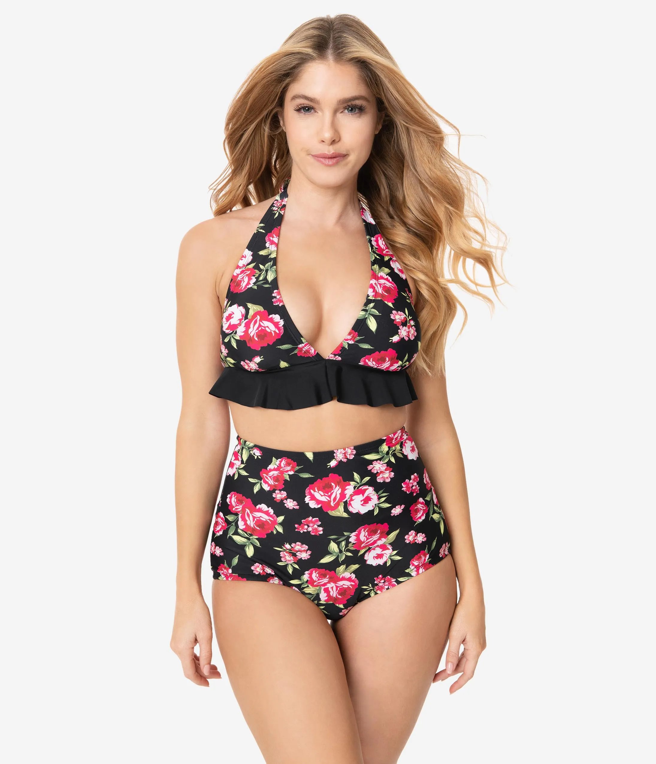 Unique Vintage Black & Pink Floral High Waist Louise Swim Bottoms