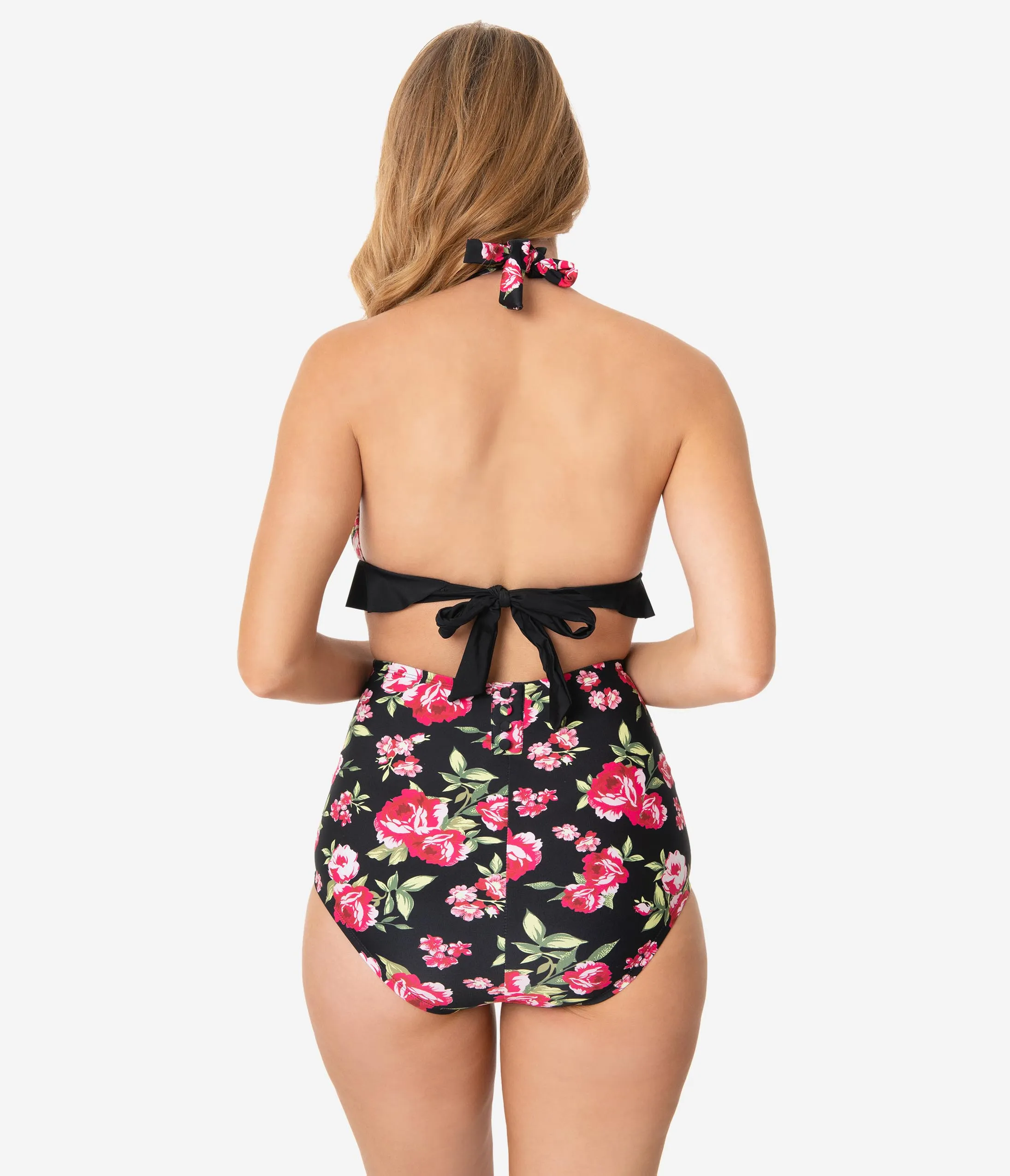 Unique Vintage Black & Pink Floral High Waist Louise Swim Bottoms