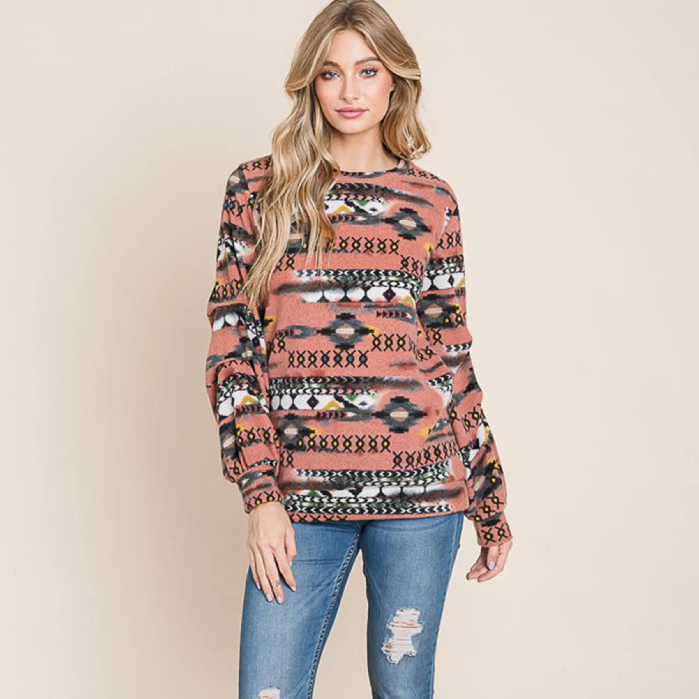 Vanilla Bay Women's Blush Aztec Long Sleeve Top