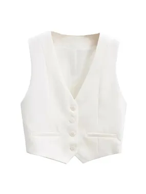 Vintage V Neck Sleeveless Female Outerwear White Chic Vests