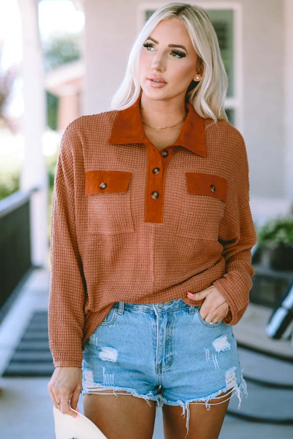 Waffle Knit Trim Long Sleeve Top