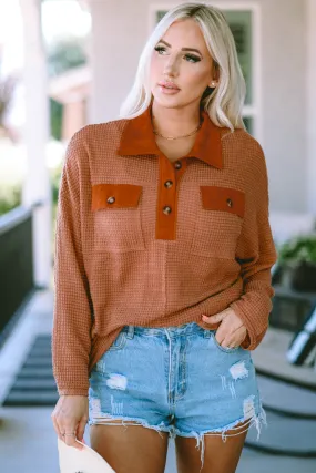 Waffle Knit Trim Long Sleeve Top