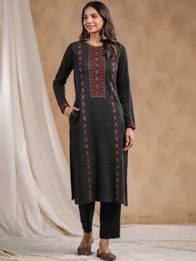 Warm Charcoal Acrylic Geometric Motif Printed Kurta Set with Jacquard Knitted Design and Straight Bottom