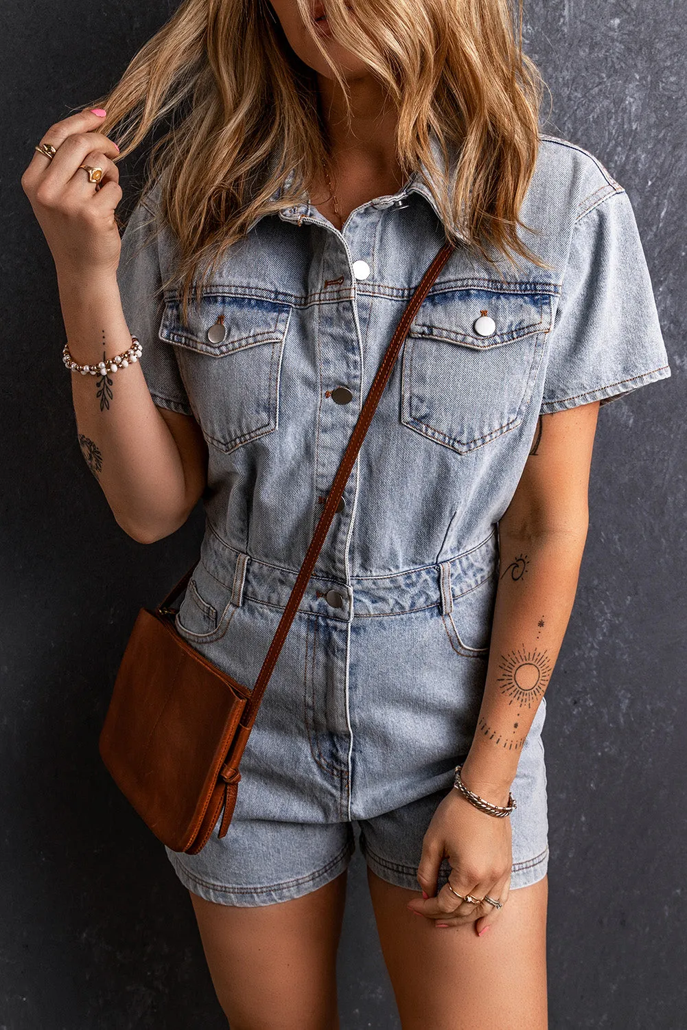 Washed Buttons Denim Romper