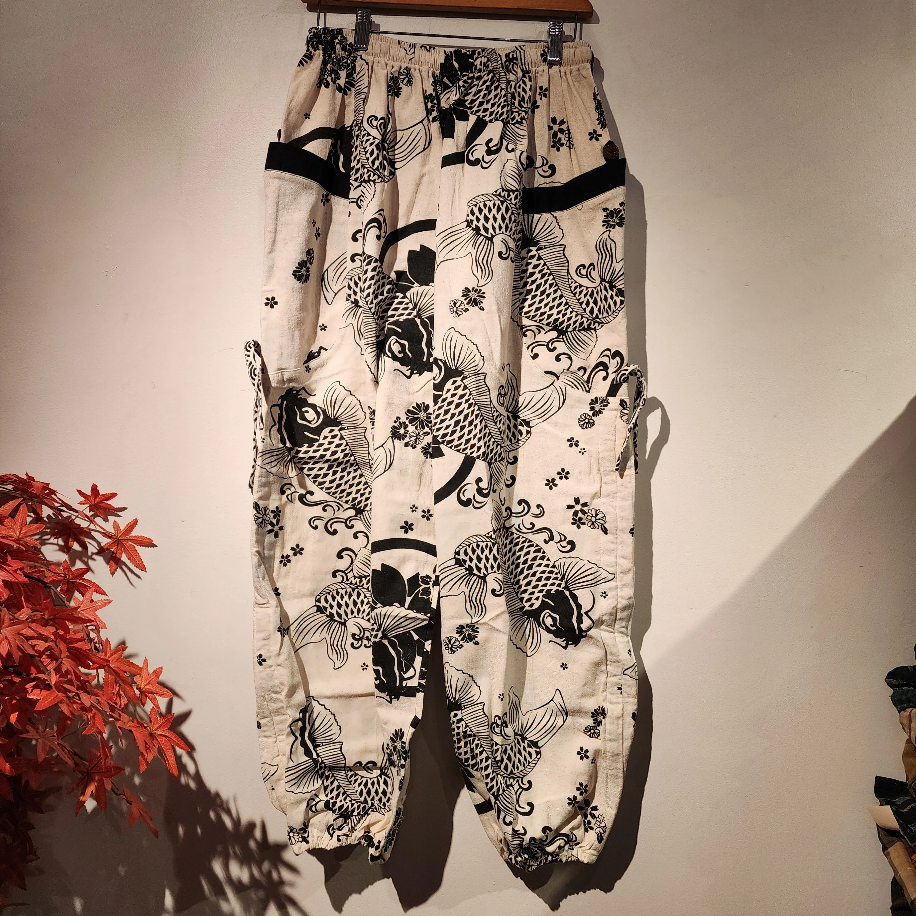 White cute koi drawstring Elastic waist comfy pants