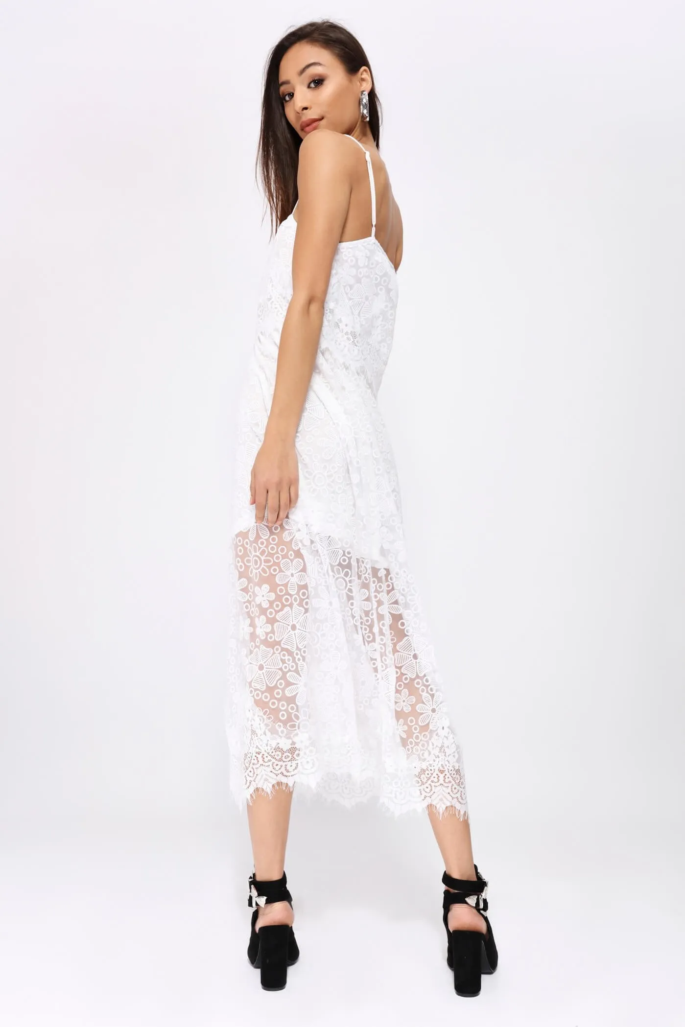 White Lace Frill Midi Dress