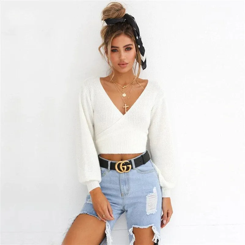 Women's Autumn/Winter Warm Soft Off-Shoulder Knitted Cropped Sweater